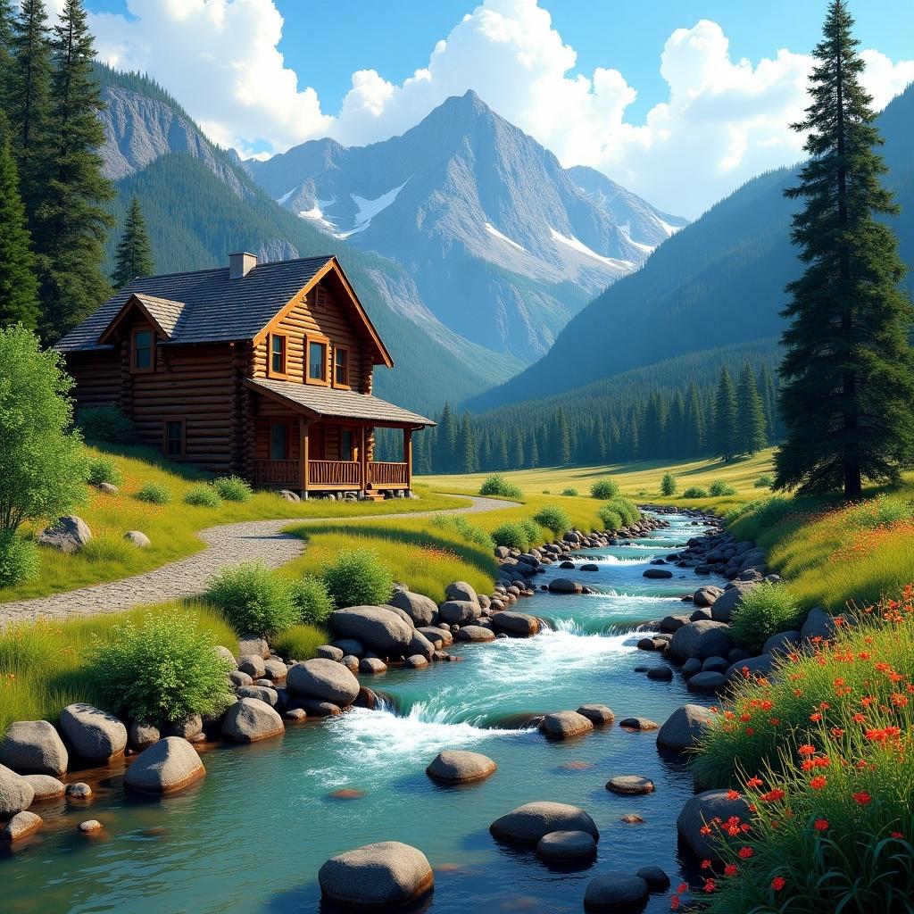Scenic landscape with a log cabin. A flowing stream passes by. Bright natural setting with mountains in the background. Lush meadow and vibrant wildflowers. Cabin has a rustic design.