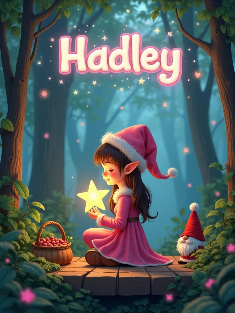 In a magical forest a young elf with pointed ears sits on a wooden platform. She holds a glowing star in her hands. Surrounding her is lush greenery and tall trees. Soft light filters through the leaves. The name Hadley is above written in whimsical letters.