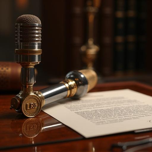 Luxury album cover with a vintage microphone and music contract on a mahogany desk. Detailed gold wax seal with letters LRB. Background features leather-bound books. Warm cinematic lighting creates reflections.