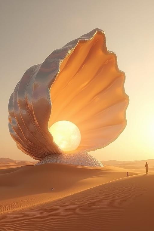 Stunning hyperrealistic desert scene at golden hour. Enormous open seashell resembling ancient monument in golden sand dunes. Shimmering surface with iridescent colors catching sunlight. Colossal glowing pearl radiating light inside. Tiny human figures at base emphasizing scale. Fine sand swirls in warm breeze creating dreamlike atmosphere. Ultra-detailed textures and lighting.