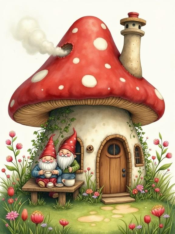Cozy mushroom-shaped house in a lush green meadow with a spore-belching chimney. House adorned with colorful flowers and vines. Family of gnomes enjoying tea on the porch. Watercolor style with soft pastel tones. Evokes works of Beatrix Potter and Tasha Tudor.