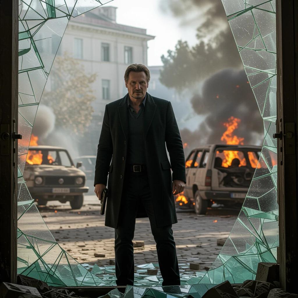 A retired covert operative stands in front of a shattered glass entrance. Gun is drawn ready for confrontation. Vehicles are burning outside the embassy. Shadows of hostages are hiding in fear behind him. Harsh light enhances the tension of the scene.