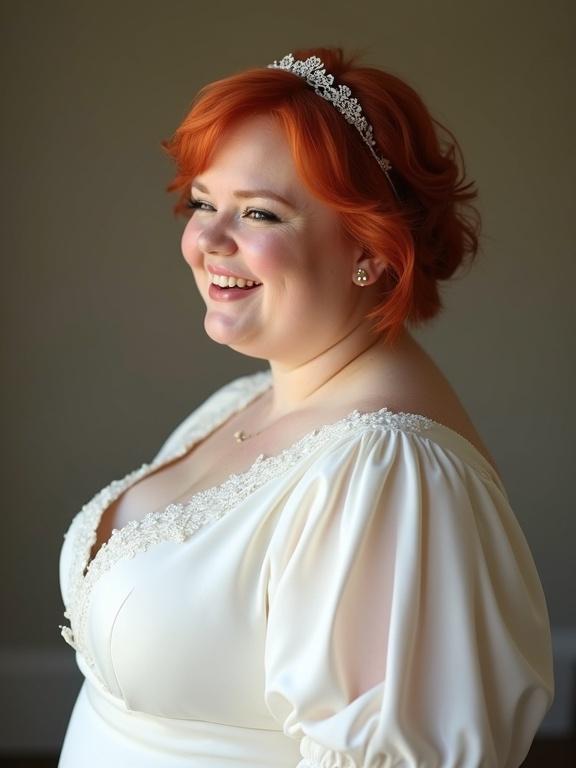 A 20 years old woman wearing a white wedding dress. Young cute redhead with short hair. Round face and plump build. The woman is posed in a side view with a playful expression. Soft lighting highlights the bridal attire.