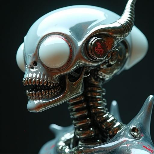 Photo portrait of an alien creature with translucent skin. Visible synthetic robot skeleton underneath. Shiny chrome fangs and robotic tubes. Features eight white glossy eyes and chrome corrugated horns. Includes red Japanese characters. Depicts biomechanical design in a dark, dystopian scene.