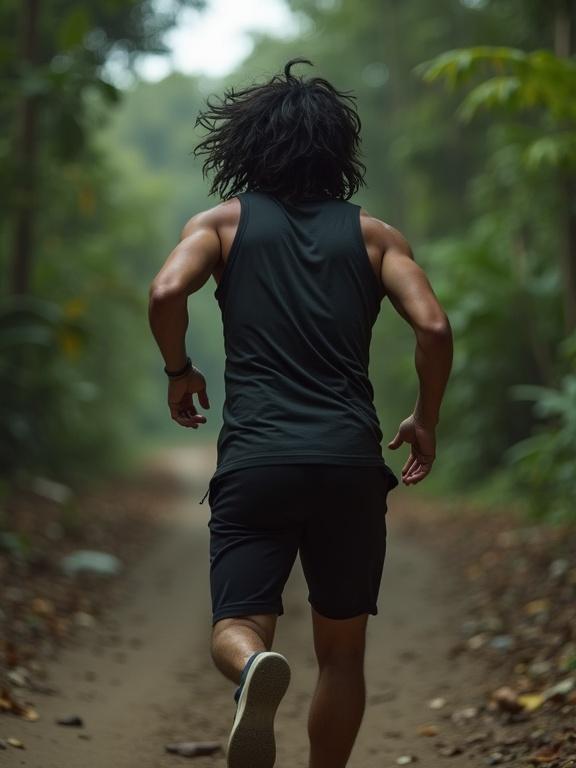Photorealistic image of a man running in a forest. He has medium length thick black waved hair. The setting evokes a sense of adventure. The man looks back with trepidation.