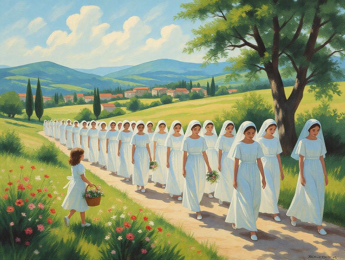 A tranquil painting illustrates a procession of young women dressed in white through a bright landscape. The young girls carry flowers and a small girl with a basket walks by. The scene is tranquil with soft light and green hills in the background.