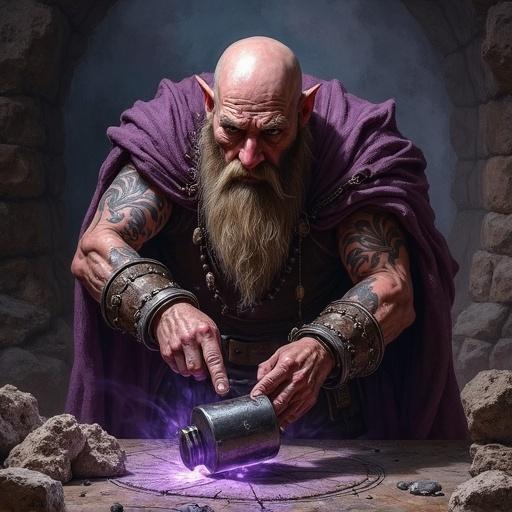 Painting depicts a malevolent dwarf artificer in caves. He works on steel with a glowing canister. Purple aura surrounds him. Dwarf has a twisted form and looks sinister while muttering.