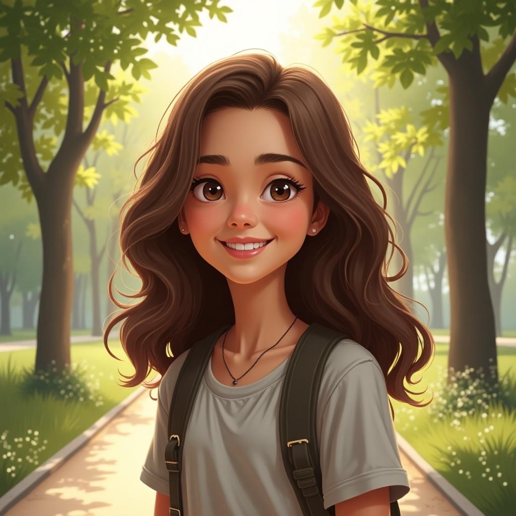 Realistic portrait of a 15 year old girl with brown hair. She is smiling and positioned in a serene outdoor park setting. Sunlight filters through the trees around her, creating a warm atmosphere.