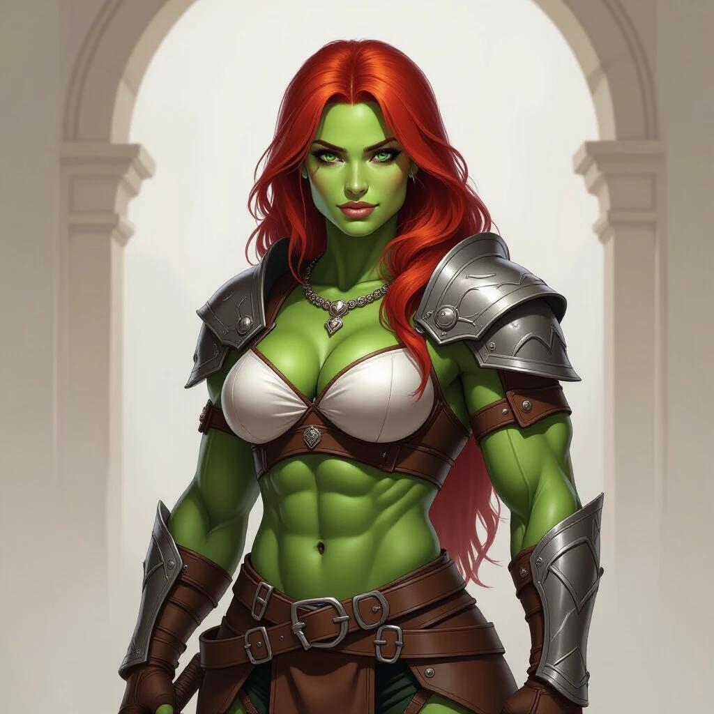 Muscular woman with green skin wears light leather armor. She has huge muscles and long red hair. The character presents an imposing presence in a fantasy setting.