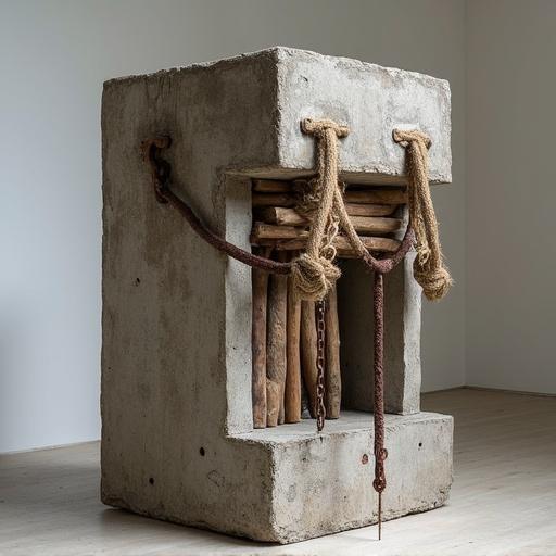 Abstract post minimalist sculpture inspired by medieval torture and BDSM. Made of weathered concrete, wood logs, burlap, rope, rusted steel, iron chains, and shackles. Represents a fusion of different artistic influences.
