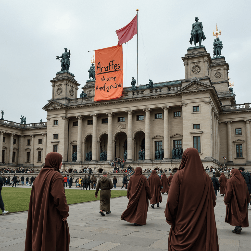 A historic building with a banner and people in hooded robes walking towards it.