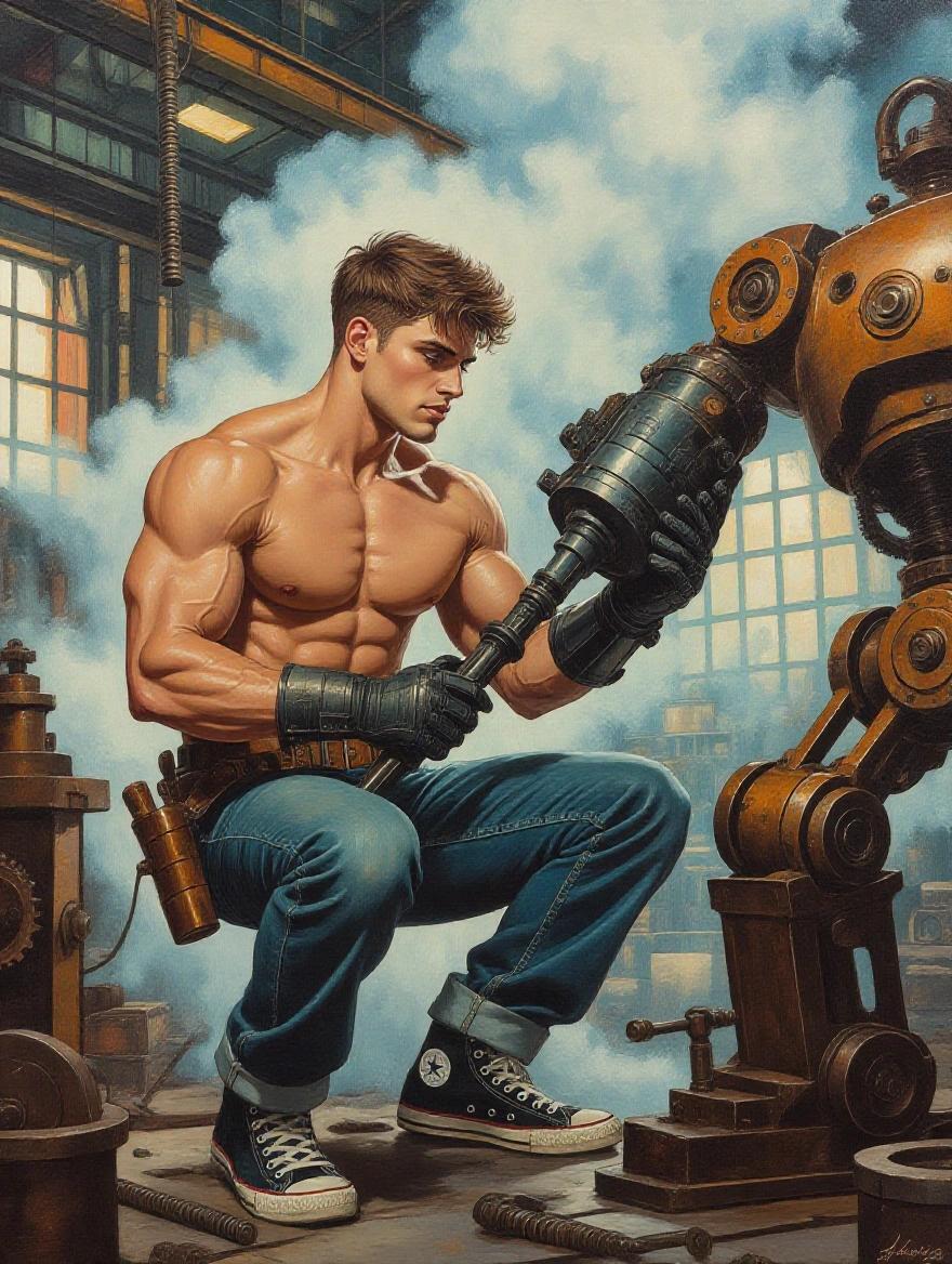 Hyperrealistic oil painting of a young muscular man shirtless in a steampunk setting. He holds a mechanical tool and builds a robot. The scene is in a factory with steam and smoke around.