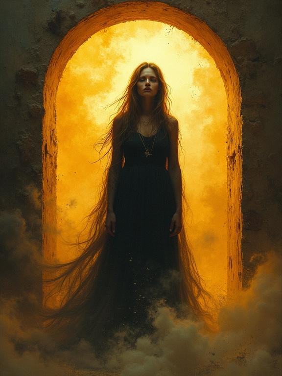 Portrait of a figure in an arched doorway surrounded by swirling landscape. Warm amber and gold hues create an eerie atmosphere. Subject shows deep disappointment and astonishment. Background features abstract moving patterns.