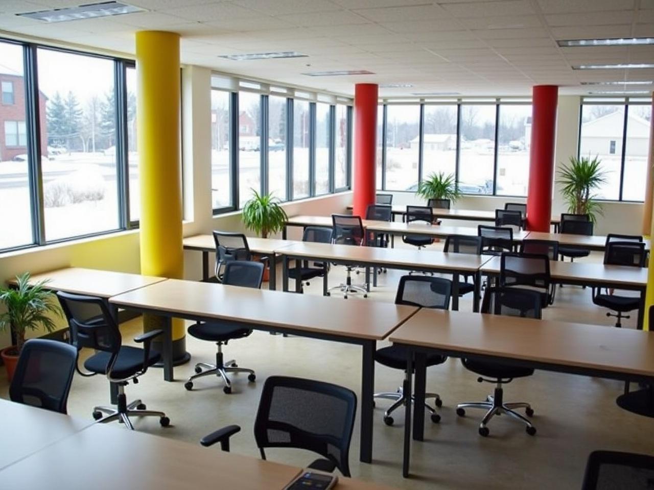 The room features a spacious layout with multiple desks aligned in neat rows. Large windows allow natural light to pour in, and outside, snow blankets the ground, creating a serene winter scene. Potted plants add a touch of greenery, contrasting with the snowy view. Brightly colored pillars in yellow and red stand out against the neutral walls. The space is designed for collaboration, with comfortable office chairs ready for use.