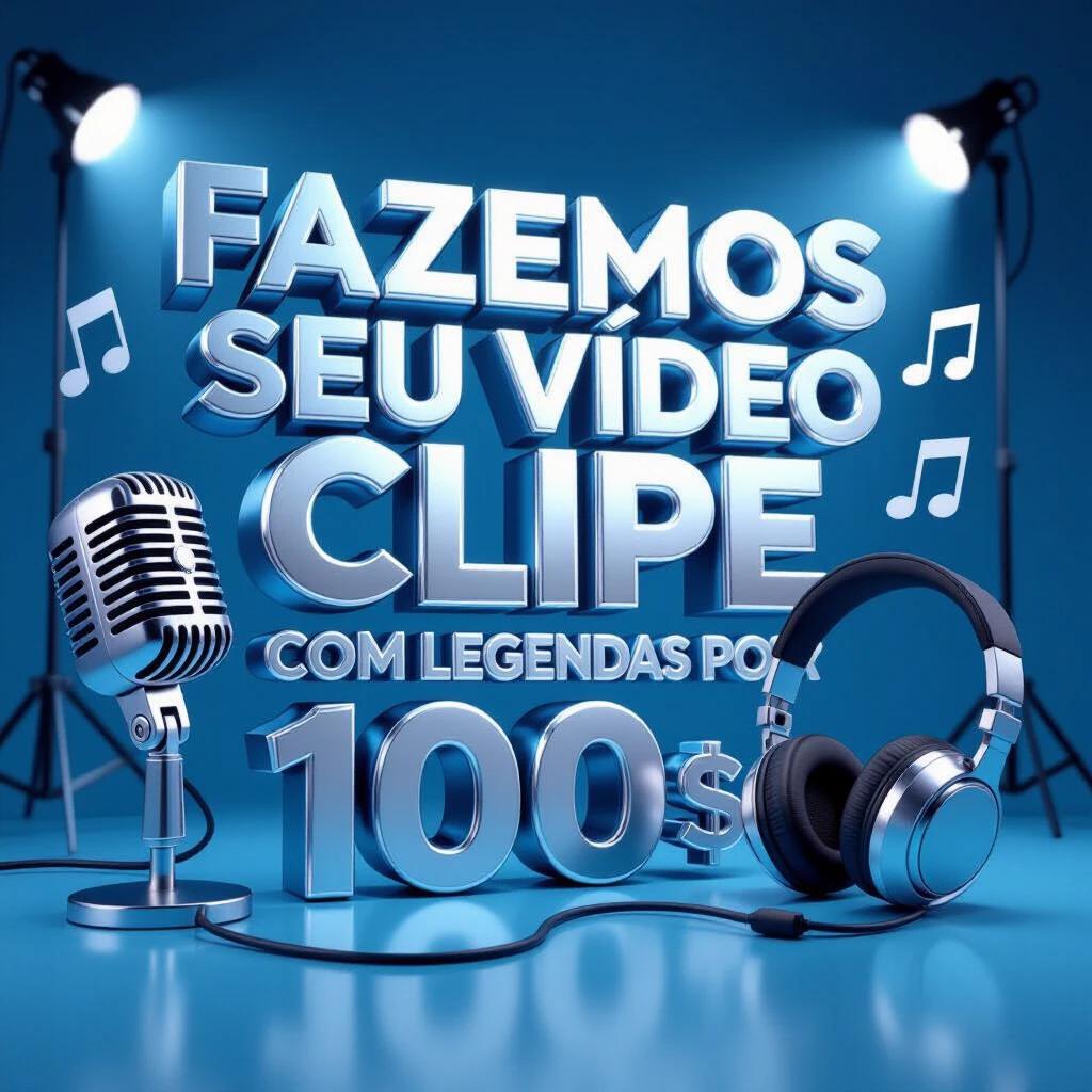 3D text states offer for video clip services with subtitles for 100 reais. Includes icons of a microphone and headphones. Background is a homely setup with professional lighting. Colors are blue and silver.