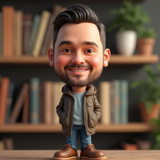 Create a lifelike 3D caricature of a person with an oversized head and realistic textures. Place on a shelf surrounded by books and plants. Use a warm lighting atmosphere. Provide a version with a transparent background.