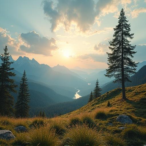 A stunning landscape image captured during sunset. A solitary pine tree dominates the foreground. In the background, mountains rise dramatically. A serene river runs through the valley below. Warm light filters through clouds, creating a peaceful atmosphere.