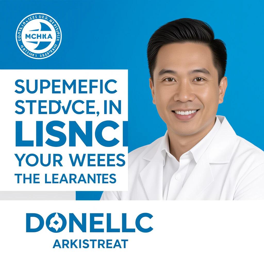 A healthcare professional in a white coat stands against a blue background. Promotional text highlights services related to patient care.