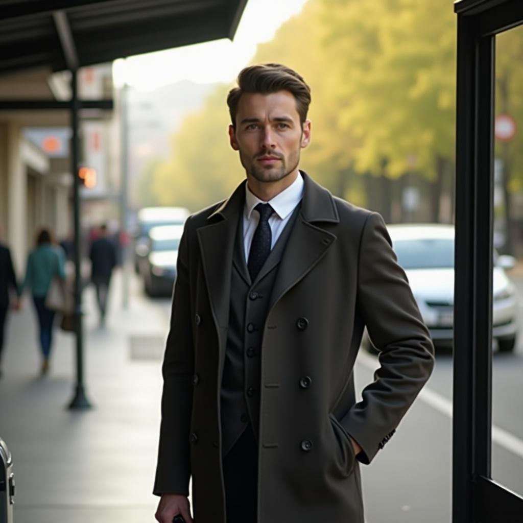 The image features a well-dressed man standing at a bus stop. He is wearing a tailored coat over a sharp shirt and tie. With a black bag in his right hand, he appears polished and professional. The background is filled with natural scenery, including trees with autumn foliage. The setting has a light texture, suggesting a serene city atmosphere. The man's hair is neatly styled, enhancing his sophisticated look.