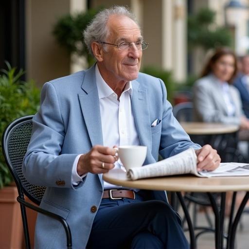 A gentleman sits at a cafe table wearing a light blue linen sport coat and white open-collar shirt. He holds a newspaper and coffee cup. His brown leather loafers are visible. The outdoor cafe features wrought iron furniture and potted plants with casual patrons in the background.