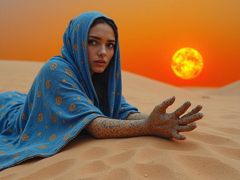 Portrait of an Arabian woman lying in the sand. She has polka dots on her blue scarf. The setting sun is vibrant orange. The atmosphere is tense and dramatic.
