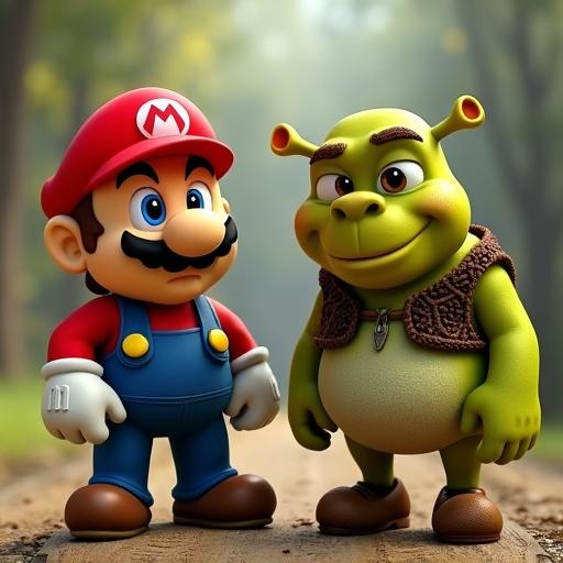 Mario in red cap and overalls stands next to Shrek, both are cartoon-style characters in a whimsical outdoor setting. Characters are designed in a bright and colorful Pixar style.