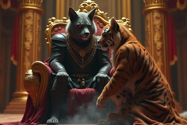 Ultra-HD 4K cinematic scene in a palace throne room featuring a golden throne. A gray jackal in black armor sitting proudly. A majestic tiger beside him. The setting includes golden pillars and red tapestries. Dark smoke swirls around the jackal. An atmosphere of power and royalty dominates the scene.