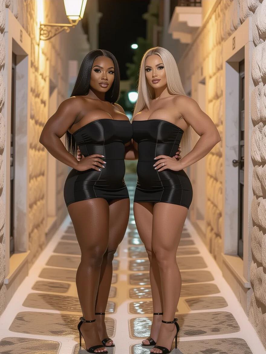 Two muscular women pose together in a narrow Myconos alley. One has black straight hair and dark skin. The other has blonde straight hair and light skin. Both wear tight black strapless dresses and high-heeled shoes. The atmosphere is moody and warm.