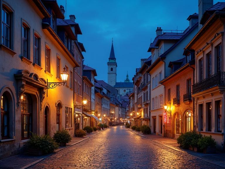 European old town with vibrant night city street