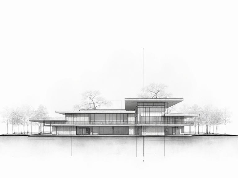 Illustration of an architectural drawing in elevation and section views showcasing a building. Created using AutoCAD software. It features a minimalistic design style. The perspective highlights the building's structure against a blank background.