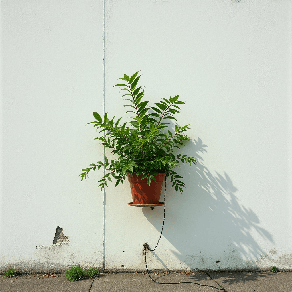 A potted plant is mounted on a white wall, casting a gentle shadow, with a chain securing it below.