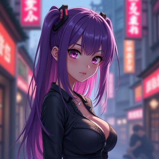Anime theme featuring a sexy girl with purple hair in a fantasy urban setting. Background includes neon signs and an atmospheric street scene.
