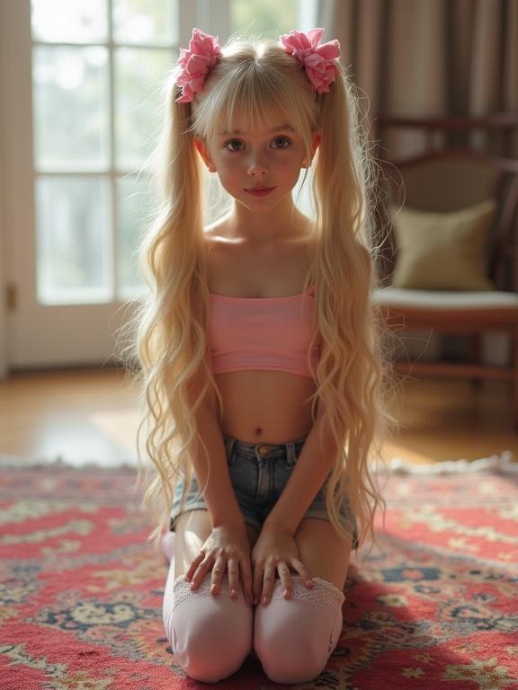 A girl with long blonde twin tails and pink bows kneels on a colorful rug in a softly lit living room. She wears a crop top, short skirt, and thigh-high socks with lace detail, complemented by simple black shoes. Her face is beautiful and she has a visible navel.