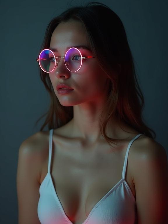 Professional vertical photo of a model wearing white bra and round glasses. Neon lighting with dark gray background. Ultra-realistic photography showcasing model's face in high detail.