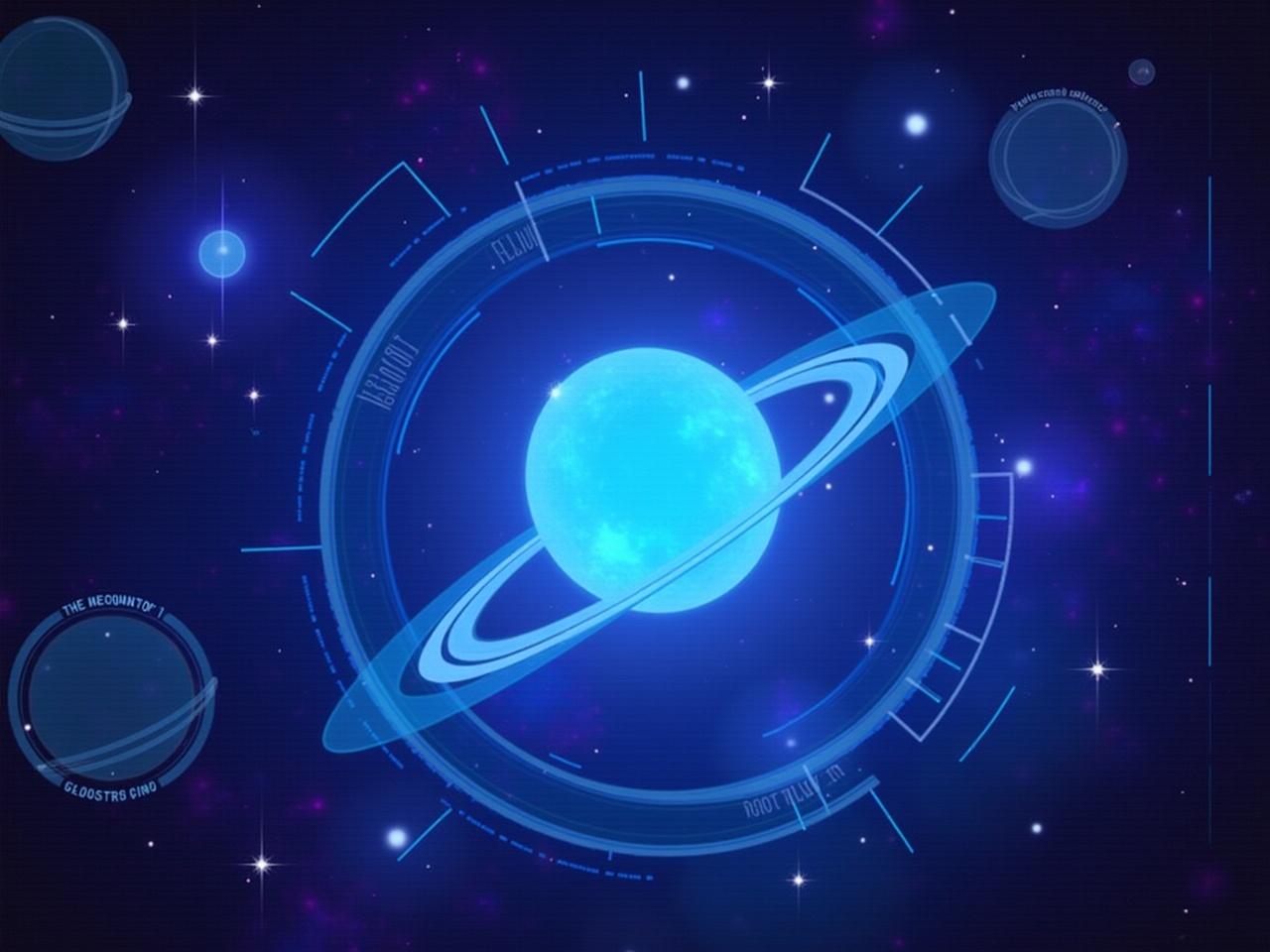 This image features a digital space scene in vibrant colors, predominantly blues and purples. In the center, a large, translucent blue planet is surrounded by a ring system, creating a mesmerizing visual effect. Smaller planets orbit in proximity, contributing to the cosmic theme. The background is filled with twinkling stars, enhancing the feeling of deep space. The design has a futuristic, holographic interface with mysterious text and markings, suggesting advanced technology and exploration. Overall, the composition evokes a sense of wonder and the vastness of the universe.