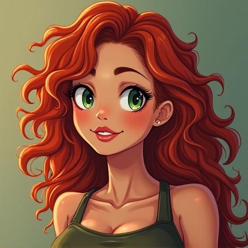 Image of a young woman with curly red hair and green eyes. Smiling expression. Wearing a tank top. Artistic and vibrant style. Focus on character design. Background is soft and neutral.