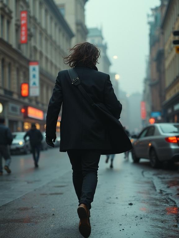 Photorealistic image capturing a person with dark hair wearing a black coat running through a bustling city street. Foggy, cinematic atmosphere with urban elements.
