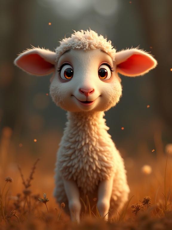 Nervous lamb depicted in a Pixar style. Cinematic atmosphere with a focus on cute features. Warm and inviting colors enhance a joyful expression.