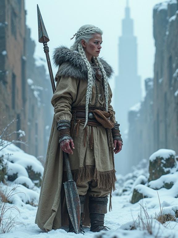 Photorealistic full-body portrait of a tall, proud huntress in a neo-stone age civilization standing in snow-covered ruins. She has pale, wind-burned skin and a muscular physique. Her braided hair has frost-hardened strands. She wears thick winter gear and carries a primitive spear. Snow falls around her as she stands among the ruins of an ancient city with overgrown vines and rusting steel skeletons. The lighting is cold and diffuse, creating a solemn atmosphere.