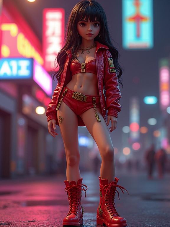 Full body image of a young woman in a red outfit and boots. The scene features neon lights in a city background, emphasizing a trendy look and fantasy elements.