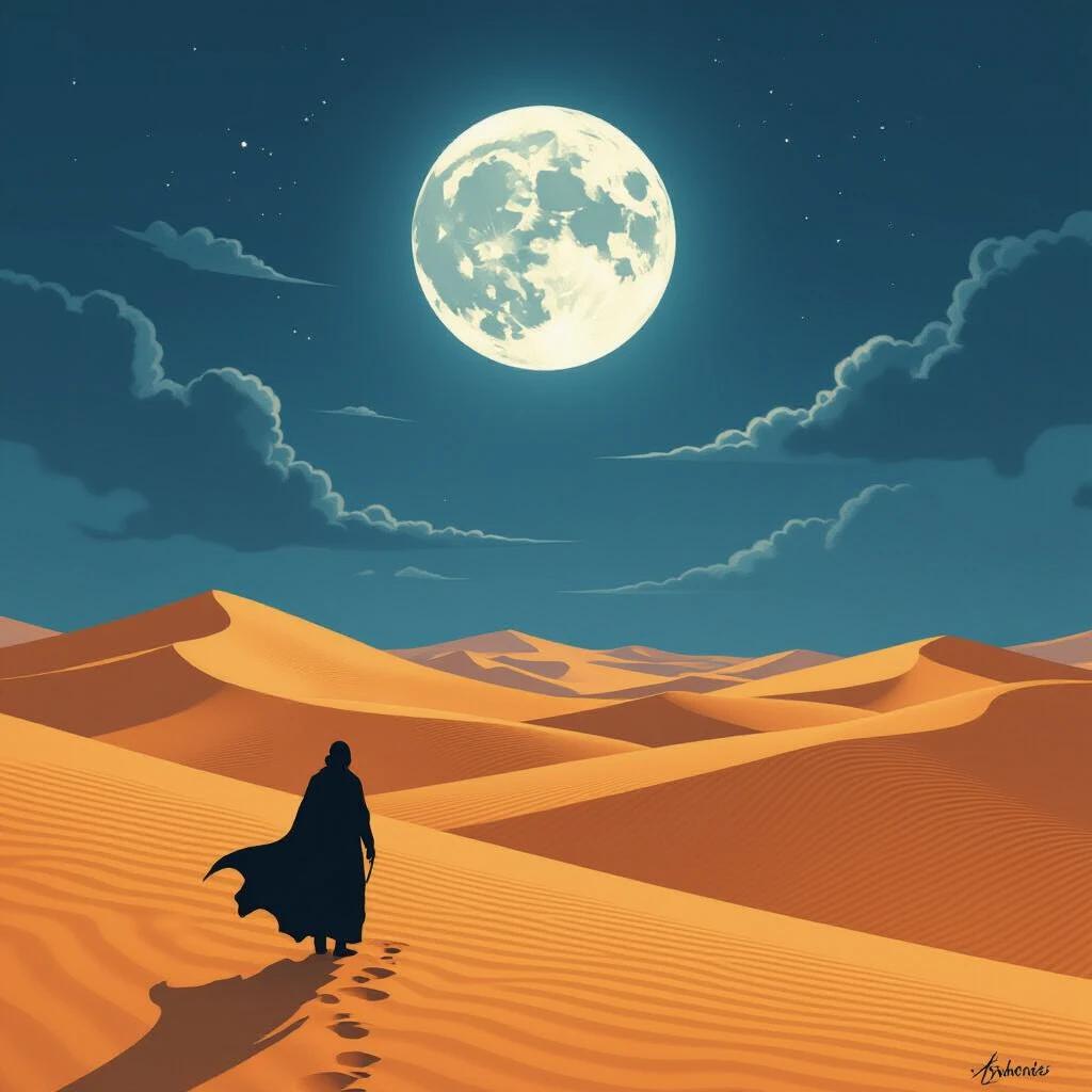Desert landscape at night. Full moon in the sky. Sand dunes illuminated by moonlight. Shadows cast across the dunes. Dark and eerie atmosphere. Illustration resembles anime and manga styles. Strong chiaroscuro effects. High detail with textured brush strokes. Traditional ink linework. Wide view of the landscape. No characters present.
