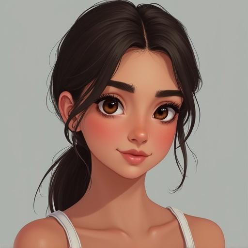 Generate a realistic portrait of a teenage girl with brown hair in a ponytail. She has tan skin and dark brown eyes with thick eyebrows. Present her in a light and cheerful manner.