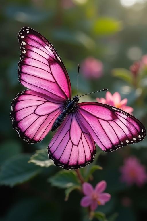 A vibrant dark pink and white butterfly is flying. Focus on the butterfly's wings. A lush green background with soft flowers in the distance.