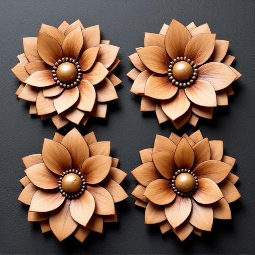Leather tool pattern showcasing intricately designed flowers in a 10x10 cm layout. Four stylish floral patterns are displayed in warm wooden tones.