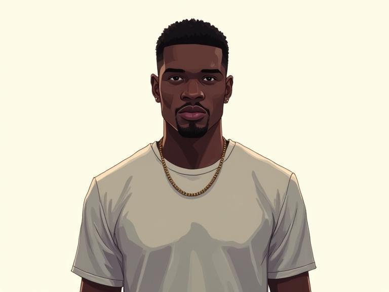 Digital illustration of a black male character facing forward. Bright lighting with no shadows. Wearing a solid color t-shirt. No accessories or background. Style inspired by Grand Theft Auto (GTA).