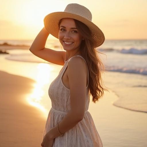 A beautiful European female at the beach. Dressed in a light summer dress. Holding a hat. Smiling at the camera. Captured during golden hour.