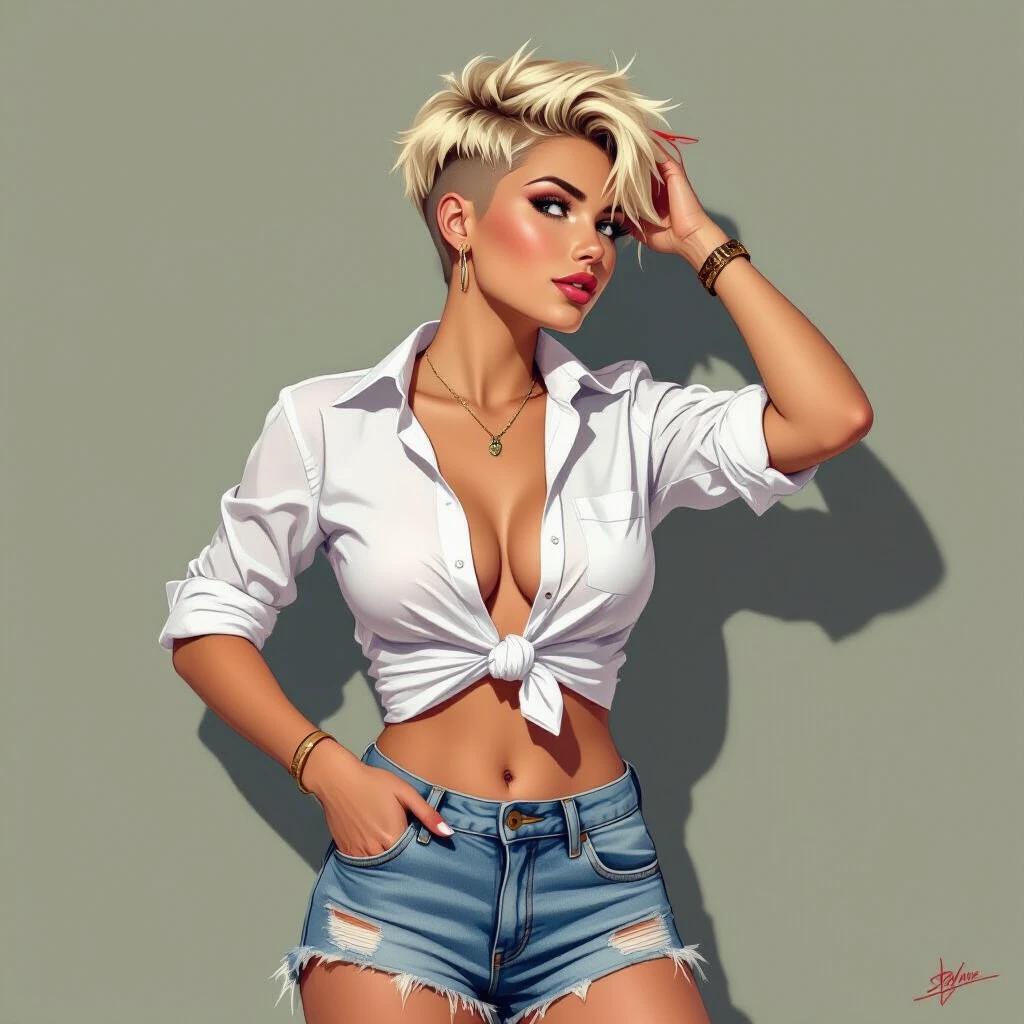 Portrait of a confident young woman with a cropped punk hairstyle. She wears a knotted white shirt and faded ripped denim shorts. Her pose is defiant and stylish. The image is a comic-inspired illustration with vivid colors.
