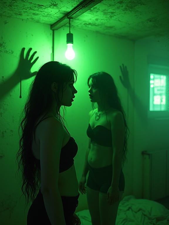 Cinematic scene with toxic green light. Young woman with tangled black hair stands in decaying room with mirrors and cracked bulb. Shadows cast clawed hands on walls. Reflections show one laughing and another crying. Dystopian city visible through shattered windows. Ultra-detailed textures shown. Style blends cyberpunk and surreal horror.