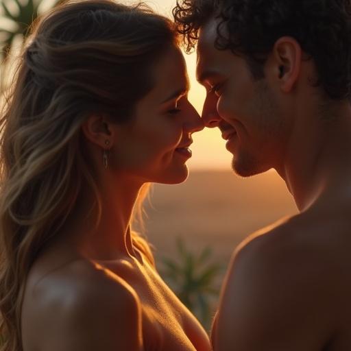 Camera at slight low angle focuses on couple. Slowly push camera forward for three seconds. Tilt camera gently up or down for sensual effect. End with the camera close to subject's eye level for intimacy.