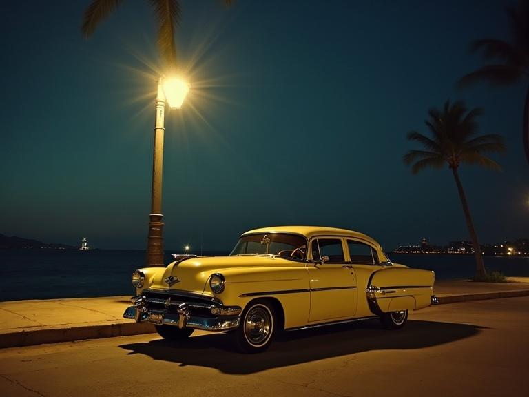 Old vintage American car parked under a street lamp on the Malecon of Havana. Nighttime lighting creates a nostalgic atmosphere.